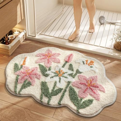 Cloud-Shaped Lily Bath Mat, Soft Non-Slip Fluffy Fresh Flowers Bathroom Rug, Ultra Absorbent Microfiber Shaggy Door Mat, Machine Washable Bath Rug Carpet for Bathtub Bedroom 20x31 Inch (White) - color: White
