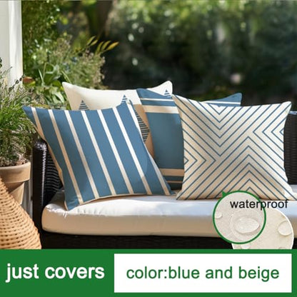 Outdoor Pillows Covers 18x18 Waterproof,Blue and Beige Set of 4(No Insert) - color: Blue and Beige, size: 18" x 18" (Pack of 4)