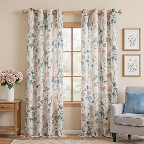 MYSKY HOME Floor to Ceiling Linen Floral Curtains 95 Inch Length 2 Panels Semi Sheer Light Filtering Farmhouse Flower Print Patterned Window Grommet Curtains for Dining Room, 52" W Each Panel, Brown - color: A-brown, size: 52"W x 95"L (Pack of 2)