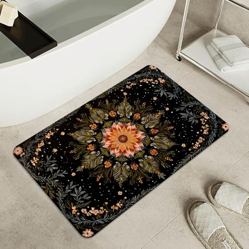 Bath Mat-Bathroom Rug，Mandala Flowers Green Vines Non Slip Quick Dry Stain Resistant Easy to Clean Care Shower Rug for Bathtub Shower Room 16×24Inch (40 * 60cm) - color: Mandala Flowers Green Vines, size: 16 x 24 inches