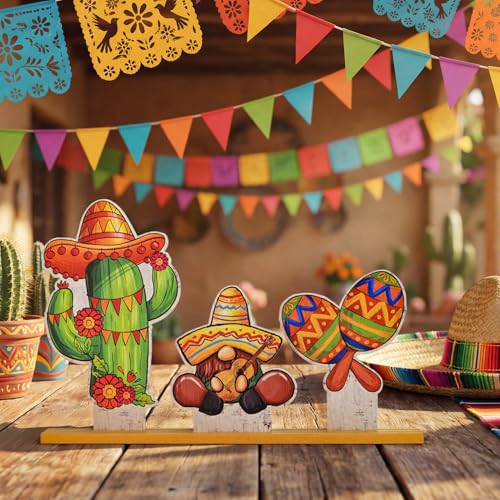 Smile Cinco De Mayo Standing Wooden Decor Set, 3-Piece Mexican Fiesta Wooden Cutouts (Cactus, Gnome, Maraca) for Tabletop & Party Display - style: Mexico
