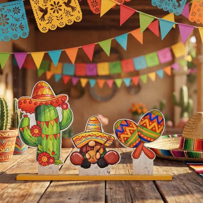 Smile Cinco De Mayo Standing Wooden Decor Set, 3-Piece Mexican Fiesta Wooden Cutouts (Cactus, Gnome, Maraca) for Tabletop & Party Display - style: Mexico
