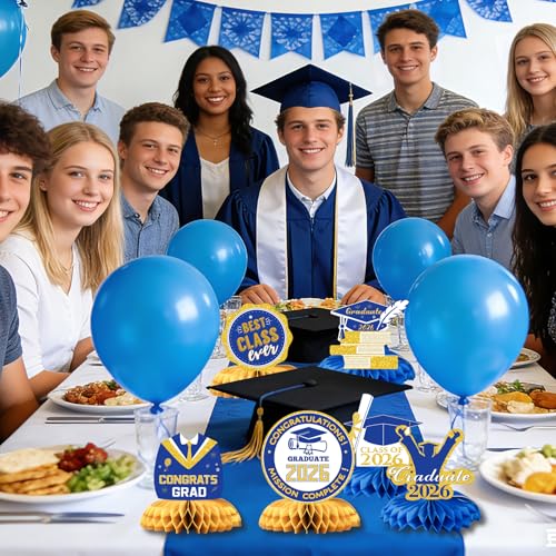 Class of 2026 Graduation Decorations - 9PCS Blue Gold Table Centerpieces, 2026 Congrats Grad Honeycomb Centerpieces Table Decor for Graduation Party Supplies - style: Graduation