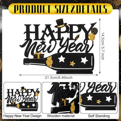 Amyhill 2026 Happy New Year Wood Sign Wooden Black Gold Glitter Tabletop Decorations 2026 Table Centerpiece for New Year Eve Party Supplies Home Decorations - style: Happy New Year