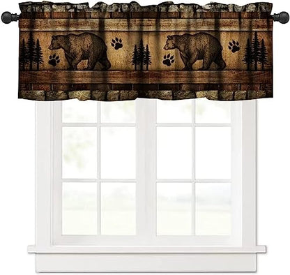 Retro Bear Curtain Valances,Rustic Woodland Wild Animal Rod Pocket Window Valance,Farmhouse Stone Wall Wooden Board Print Blackout Short Topper Curtain for Living Room Kitchen,54x18in - color: Bear-2