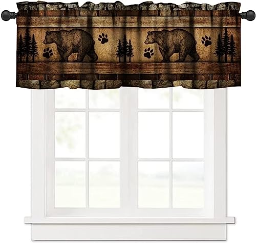 Retro Bear Curtain Valances,Rustic Woodland Wild Animal Rod Pocket Window Valance,Farmhouse Stone Wall Wooden Board Print Blackout Short Topper Curtain for Living Room Kitchen,54x18in - color: Bear-2