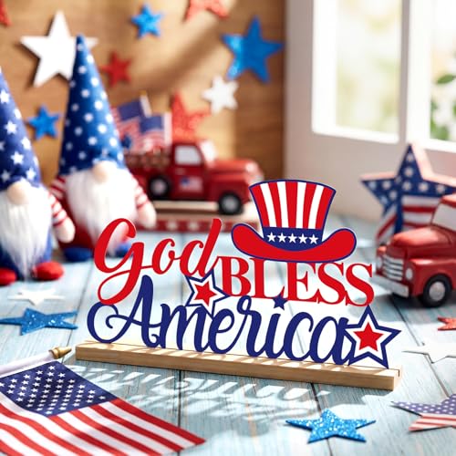 Roowest Metal God Bless America Table Decor Sign with Wood Base - style: Independence Day