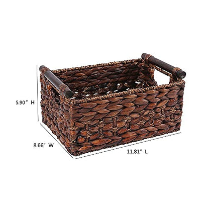 Water Hyacinth Wicker Storage Basket with Wood Handles, Medium - color: Dark Brown, size: 11.81x 8.66x 5.9