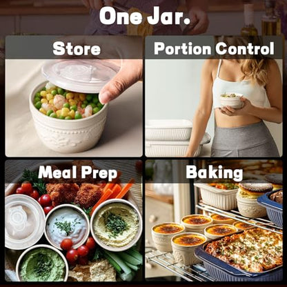Artena Ramekins with Lids, Creme Brulee Ramekins Oven Safe, Ceramic Pudding Cups, Souffle Cups, Custard Cups, Dipping Sauce Cups, Food Storage Containers with Lids, Set of 4 (8 oz, Pinwheel Flower) - size: 4 inch (Pinwheel Flower, White)