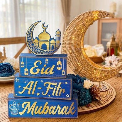 Yousoontic 4 Pcs Eid Mubarak Wooden Table Decor, Ramadan Mubarak Tiered Blocks Islamic Muslim Tabletop Decorations, Moon and Lantern Design, Blue and Gold Eid Table Centerpiece for Home Office - style: Ramadan