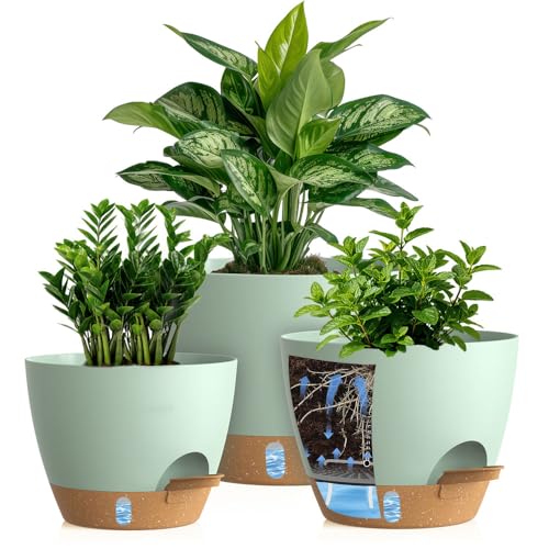 Self Watering Pots with Drainage Holes, 3 Pack 12/10/8 Inch Plant Pots with Water Level Indicator Deep Reservoir, Large Plastic Planter for Indoor Outdoor Plants - Green Brown - color: Green Brown, size: 12+10+8 Inch Set