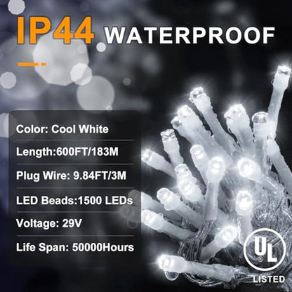 KNONEW 600ft 1500 LED Christmas Lights Outdoor String Light Cool White - color: Cool White, size: 600FT 1500 LED