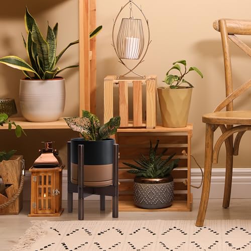 D'vine Dev Ceramic Pot with Walnut Wood Stand, Black/Tan, 8 in, 55-B-Y-7 - color: Black/Speckled Tan Pot + Walnut Color Stand, size: 8 Inch