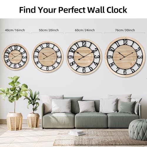 Maxstar 24'' Wall Clock for Living Room Decor, Ultra-Silent Rustic Wooden Farmhouse Wall Clock with Metal & Real Wood Frame, Battery Operated, for Kitchen Bedroom Office, Arabic Numerals
