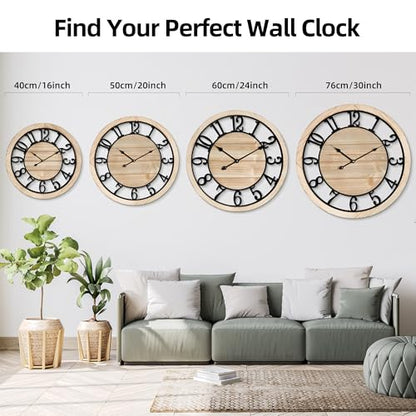 Maxstar 24'' Wall Clock for Living Room Decor, Ultra-Silent Rustic Wooden Farmhouse Wall Clock with Metal & Real Wood Frame, Battery Operated, for Kitchen Bedroom Office, Arabic Numerals
