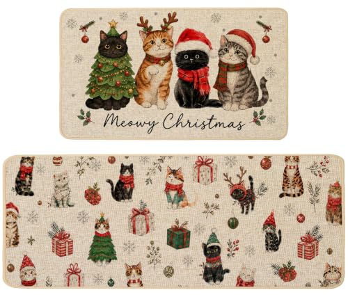 Baccessor Meowy Christmas Kitchen Rugs Set of 2 Cats 17x29 and 17x47 Inch - color: Cute Cats