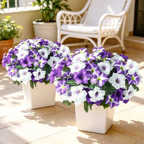 Uieke Artificial Flowers for Outdoors, 24PCS Faux Petunias Outdoor Uv Resistant Silk Flower, Spring Decorations for Home Garden Patio Porch, Purple&White - color: Purple & White
