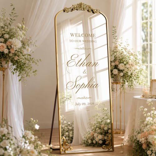 21"x 64" Arched Full Length Mirror, Freestanding Floor Mirror with Carved Metal Frame & Bottom Art Carved, Gold Full Body Mirror for HomeDecor, Halling Wall Mirror with Vintage Ornate Carved Accents - color: Gold, size: 64"L x 21"W
