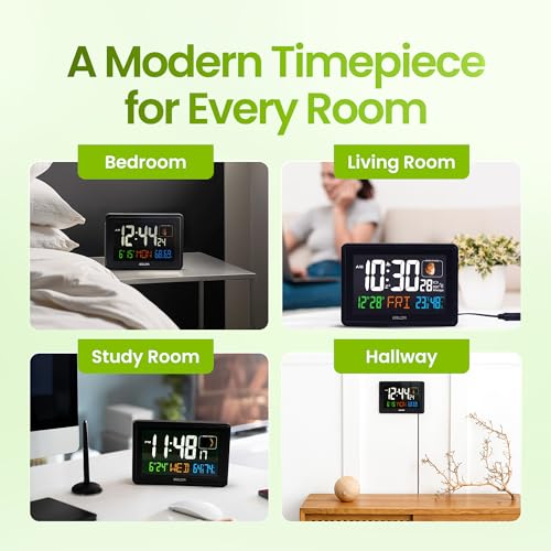 Baldr Digital Alarm Atomic Clock, 7'' Display with Adjustable Brightness - color: Black