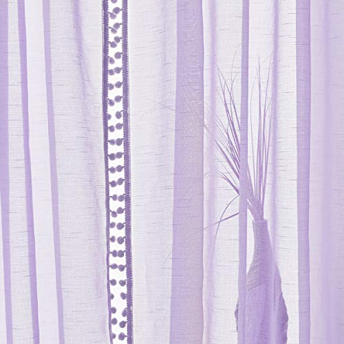 Purple Pom Pom Sheer Curtains for Kid's Room 52x63" Voile Drape Lilac 2pc - color: Lilac, size: 52"W x 63"L (Pack of 2)