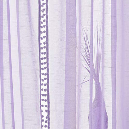 Pom Pom Sheer Curtains for Bedroom 52x95" Linen Textured Voile Drapes Lilac - color: Lilac, size: 52"W x 95"L (Pack of 2)
