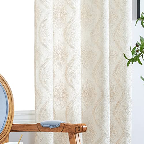 jinchan Boho Floral Linen Curtains 84 Inch Beige on Ecru Grommet 2 Panels - color: Damask Beige, size: 50"W x 84"L (Pack of 2)