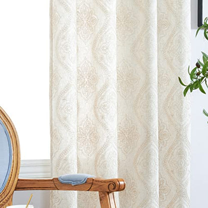 jinchan Boho Floral Linen Curtains 84 Inch Beige on Ecru Grommet 2 Panels - color: Damask Beige, size: 50"W x 84"L (Pack of 2)