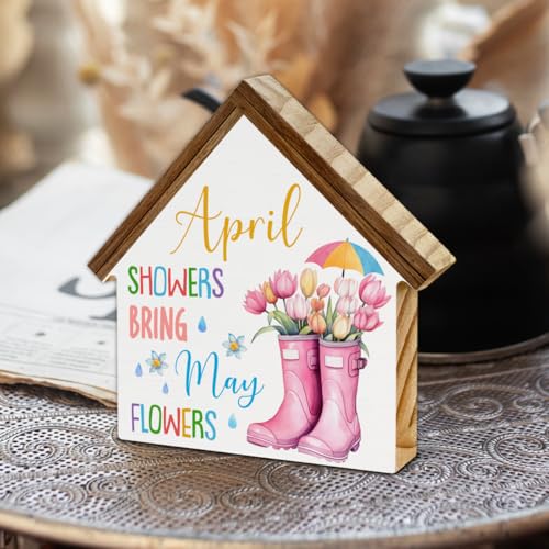 April Showers Bring May Flowers Decorations, Spring House Shaped Wood Block - color: April