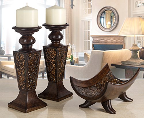 Creative Scents Schonwerk Brown Pillar Candle Holder Set of 2- Crackled Mosaic Design- Functional Table Decorations- Centerpieces for Dining/Living Room- Best Wedding Gift - color: Brown With Crackled Glass