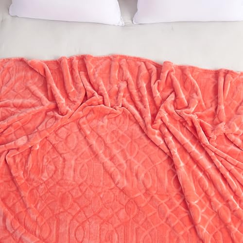 Soft Cozy Fleece Queen Size Blanket, 90x90 Inches – Lightweight Plush Blanket for Bed, Fuzzy 3D Jacquard Design - Coral - color: Coral, size: Queen (90" x 90")