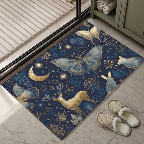 Blue Butterfly Moon Deer Bath Mat Rug, Door Mat Doormat Entrance Non-Slip Bathroom Rugs for Entryway Bathroom Kitchen 17 x 30 Inch - color: Blue Butterfly Moon Deer