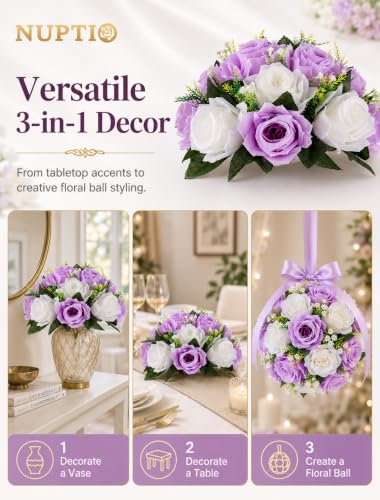 NUPTIO Lilac & White Flower Balls: Artificial Rose Centerpieces for Tables - color: Lilac & White, size: 2 Pcs