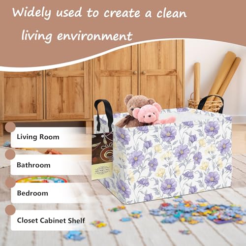Rectangle Foldable Storage Basket Handles For Home, Purple Flowers - color: REC-Purple Flowers