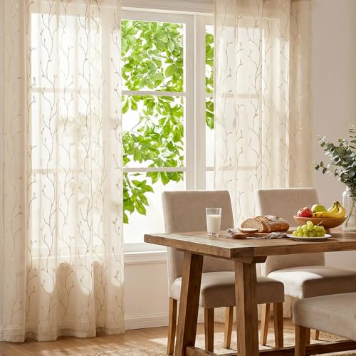 jinchan Beige Leaf Voile Embroidered Curtains 63 Inch Grommet Top 2 Panels - color: Vine Grommet Beige, size: 55"W x 63"L (Pack of 2)