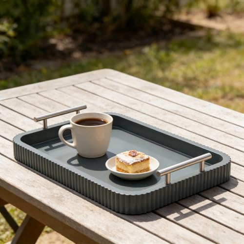 Rectangle Modern Wood Serving Tray with Metal Handles, High Gloss Gray Finish, 16x12 Inch Coffee Table Ottoman Tray for Storage and Display (Gray) - color: Gray