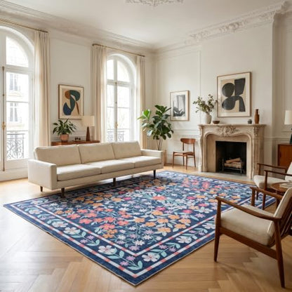 ThreadGlobe Patterned Washable 8x10 Area Rugs Modern for Living Room, Blue - color: Blue Flower, size: 8' x 10'