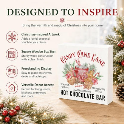 Candy Cane Lane Hot Chocolate Bar Sign, Christmas Kitchen Wood Box Decor - color: Style 19