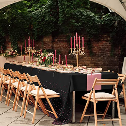 8Pack Disposable Plastic Tablecloths and Satin Table Runner Set Black and Rose Gold Dot Tablecloth Gold Satin Table Runner for Wedding Birthday Baby Shower Anniversary Christmas New Year Party Supply - color: Black and Rose Gold, size: 8 Pack