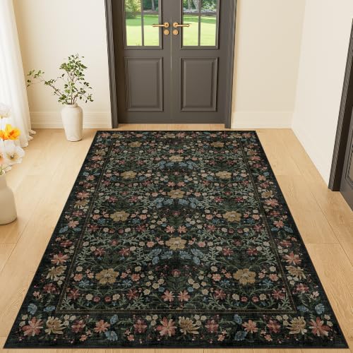 DUKINO 3x5 Rug, Washable Vintage Floral Bedroom Area Rug Non Slip, Black - color: Black, size: 3' x 5' (Rectangular)