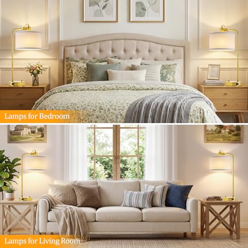 Gold Table Lamp Set of 2, USB A+C, 180° Adjustable Bedside Lamps, Dimmable - color: Gold-A