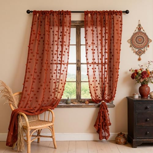 MYSKY HOME Terracotta Boho Sheer Curtains with Pom Pom 50Wx84L,2 Panels - color: Terracotta, size: 50"W x 84"L (Pack of 2)