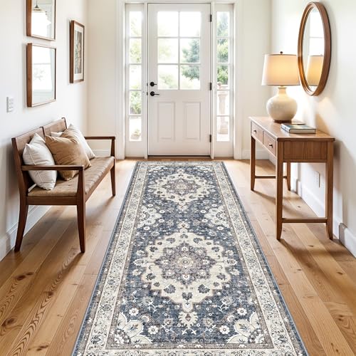 3x8 Washable Hallway Runner Rug: Water Resistant Kitchen Carpet with Non-Slip Backing Indoor Oriental Low Pile Rugs for Bedroom Laundry Ultra Thin Floor Mat Home Decor Gifts for Households (3x8,Blue) - color: Blue, size: 3' x 8' (Rectangular)