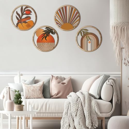Qunclay 4 Pcs Boho Wall Art Bohemian Wood Round Circle Wall Decor Stylish - style: Stylish