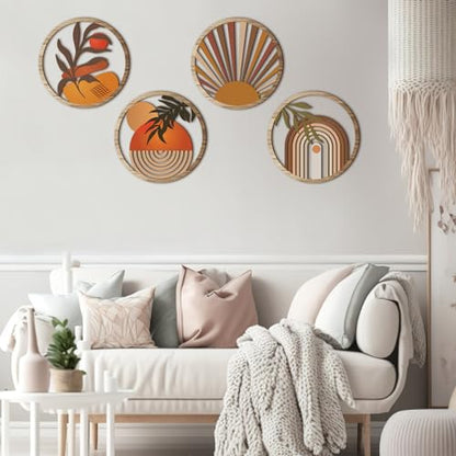 Qunclay 4 Pcs Boho Wall Art Bohemian Wood Round Circle Wall Decor Stylish - style: Stylish