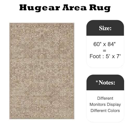 HUGEAR 5x7 Light Brown Vintage Floral Washable Area Rug for Living Room - color: Light Brown, size: 5' x 7' (Rectangular)