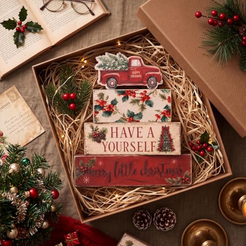 Amyhill 4 Pcs Red Truck Christmas Tiered Tray Wooden Table Sign Decor - style: Christmas Truck