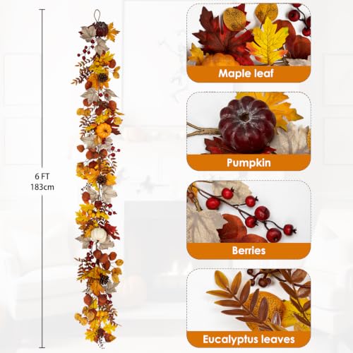 6FT Fall Garland with Lights Pumpkins Pinecones for Mantle, Table, Porch - color: Brown & Gold & Gray