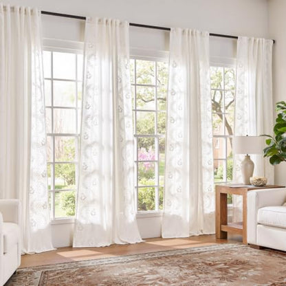 jinchan Floral Linen Curtains 84 Inch Farmhouse Back Tab 2 Panels - color: Off White, size: 50"W x 84"L (Pack of 2)