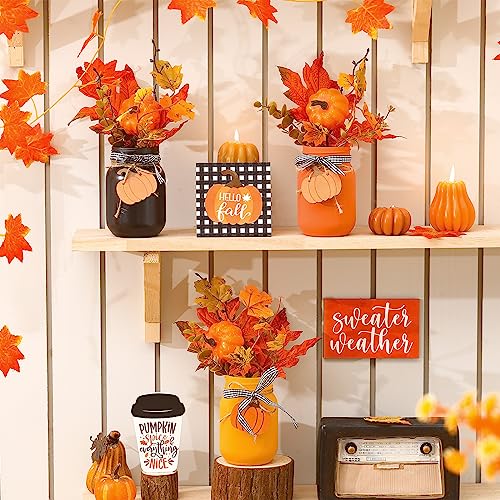 Jexine 18 Pcs Fall Mason Jar Table Decorations with Pumpkin Leaf Wood Sign