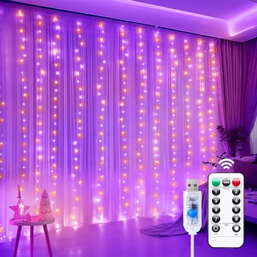 Minetom Halloween Curtain Lights, 300 LEDs Twinkle Fairy Lights, 8 Modes - color: Orange & Purple, size: 1 Pack